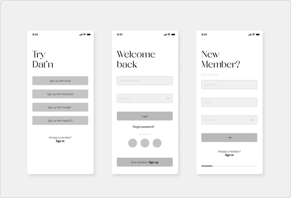 Digital wireframes — flow 1