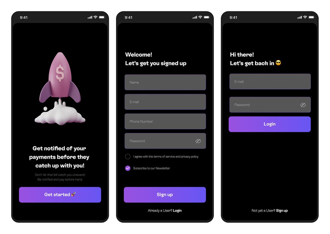 Onboarding, sign-up, and login screens
